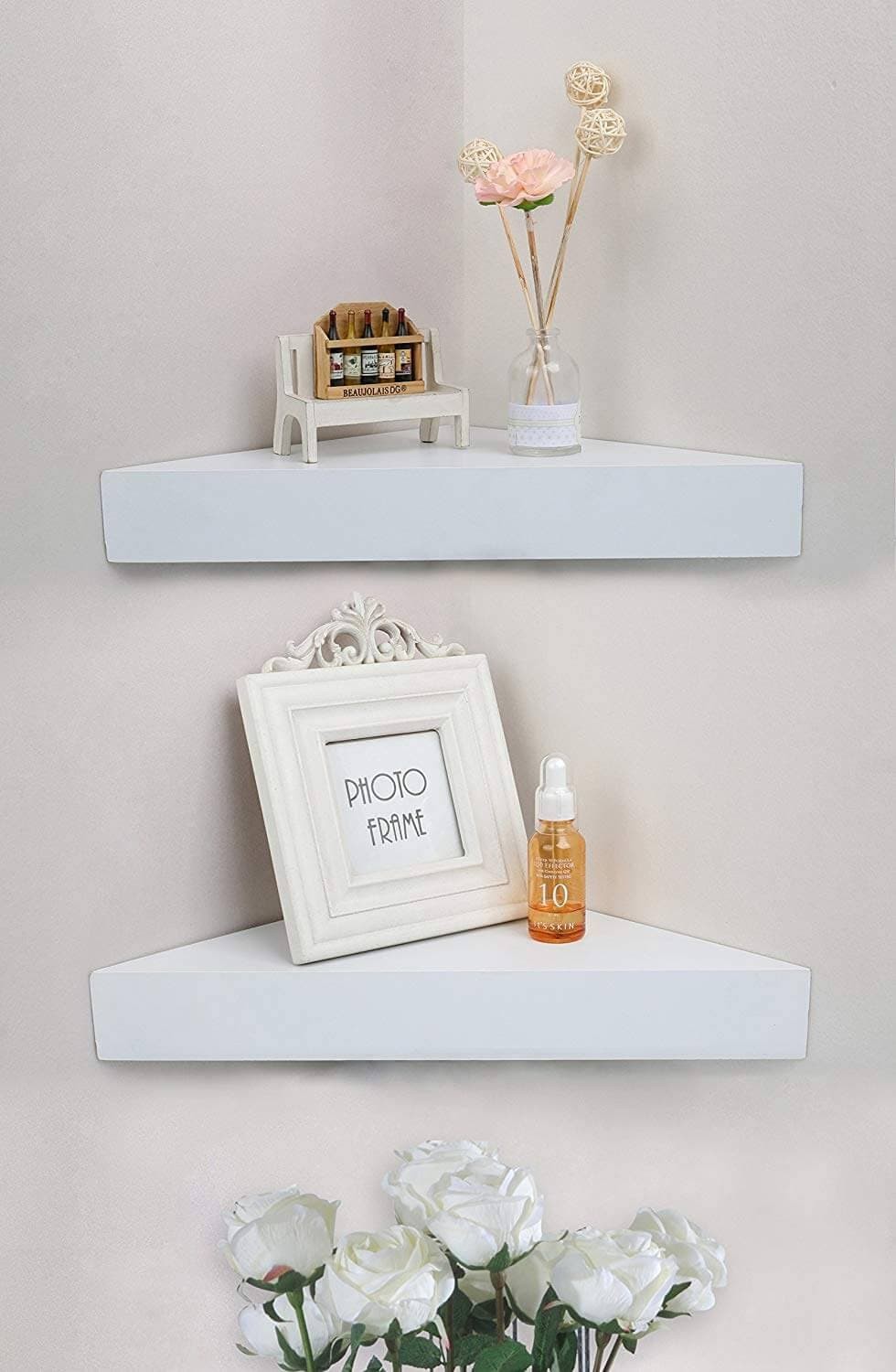 Shelves with a Sleek White Suspended Triangle Corner