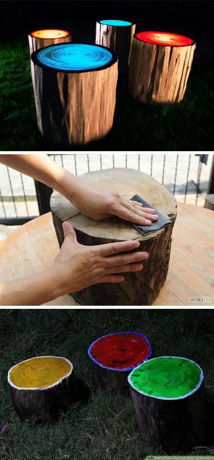 DIY glow in the dark log woods stools