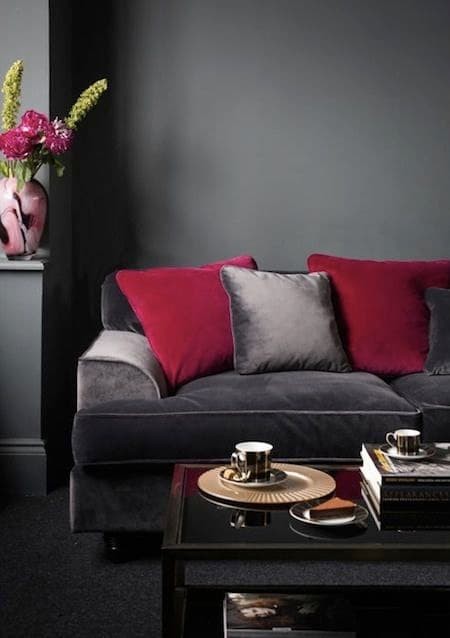 Velvet Charcoal Couch and Maroon