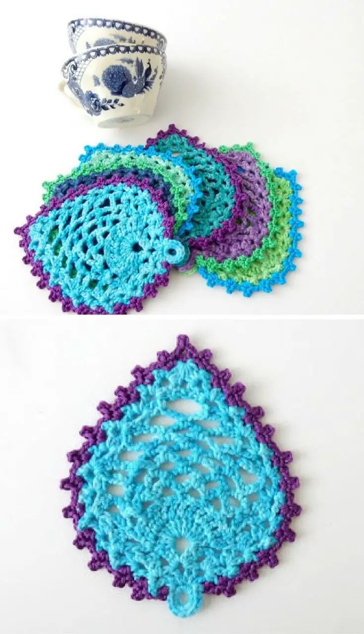 Crochets Peacock Feather Pineapple Coaster.