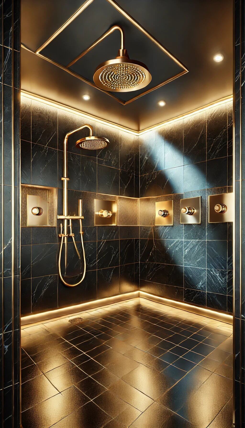 Black Shower with Gold Fixtures