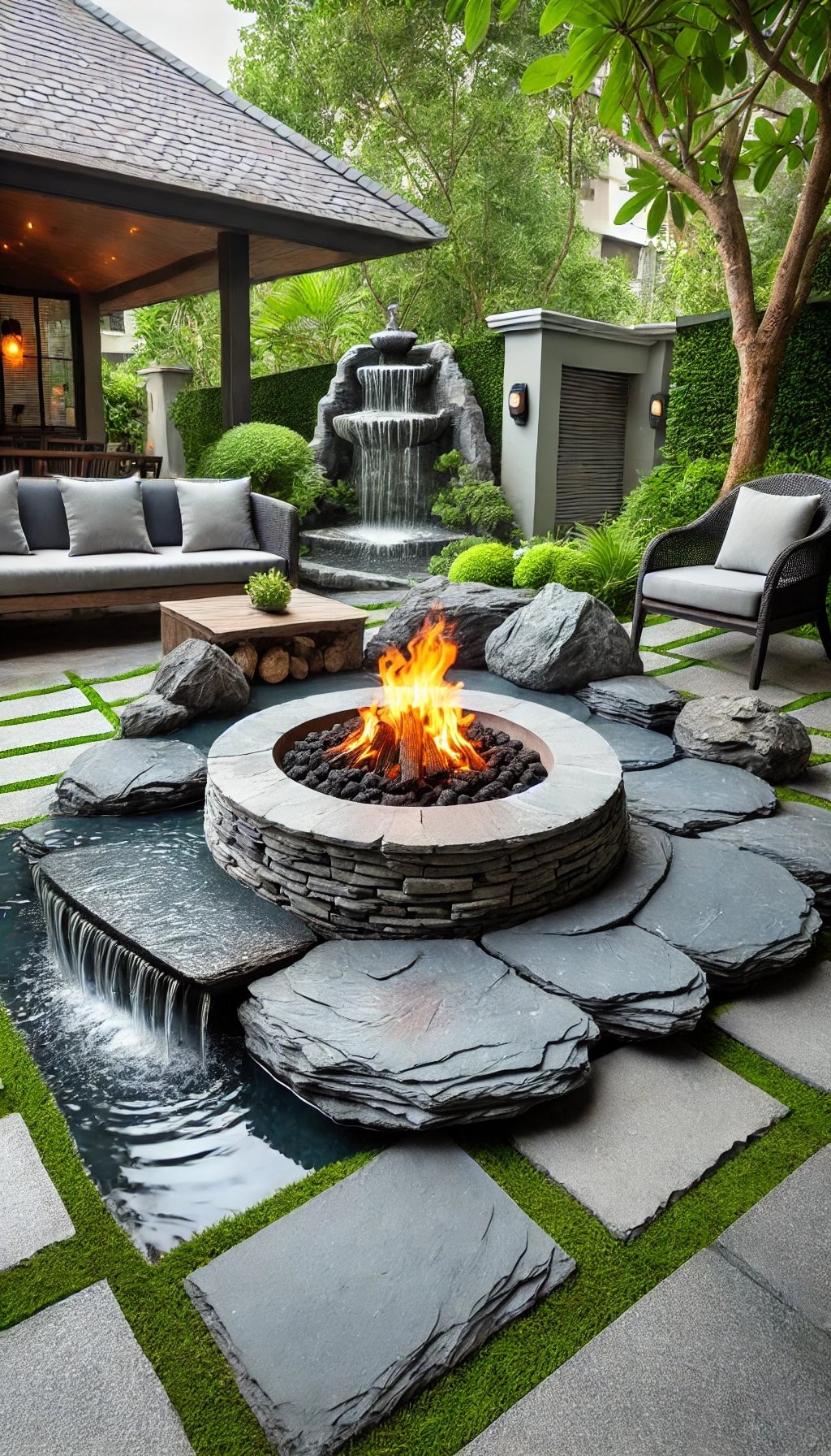 Stone Fire Pit with Water Feature