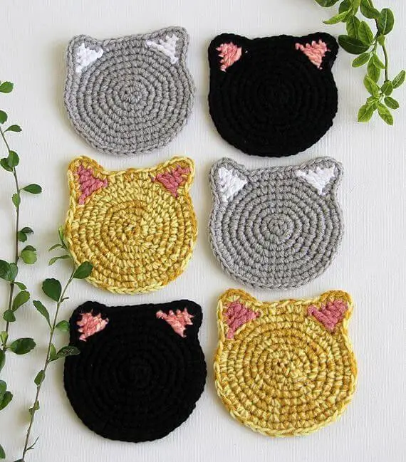 Cat Face Coaster set, Crochet Cat Head Coasters Cat lover gift, Christmas Gift, House Warming Gift