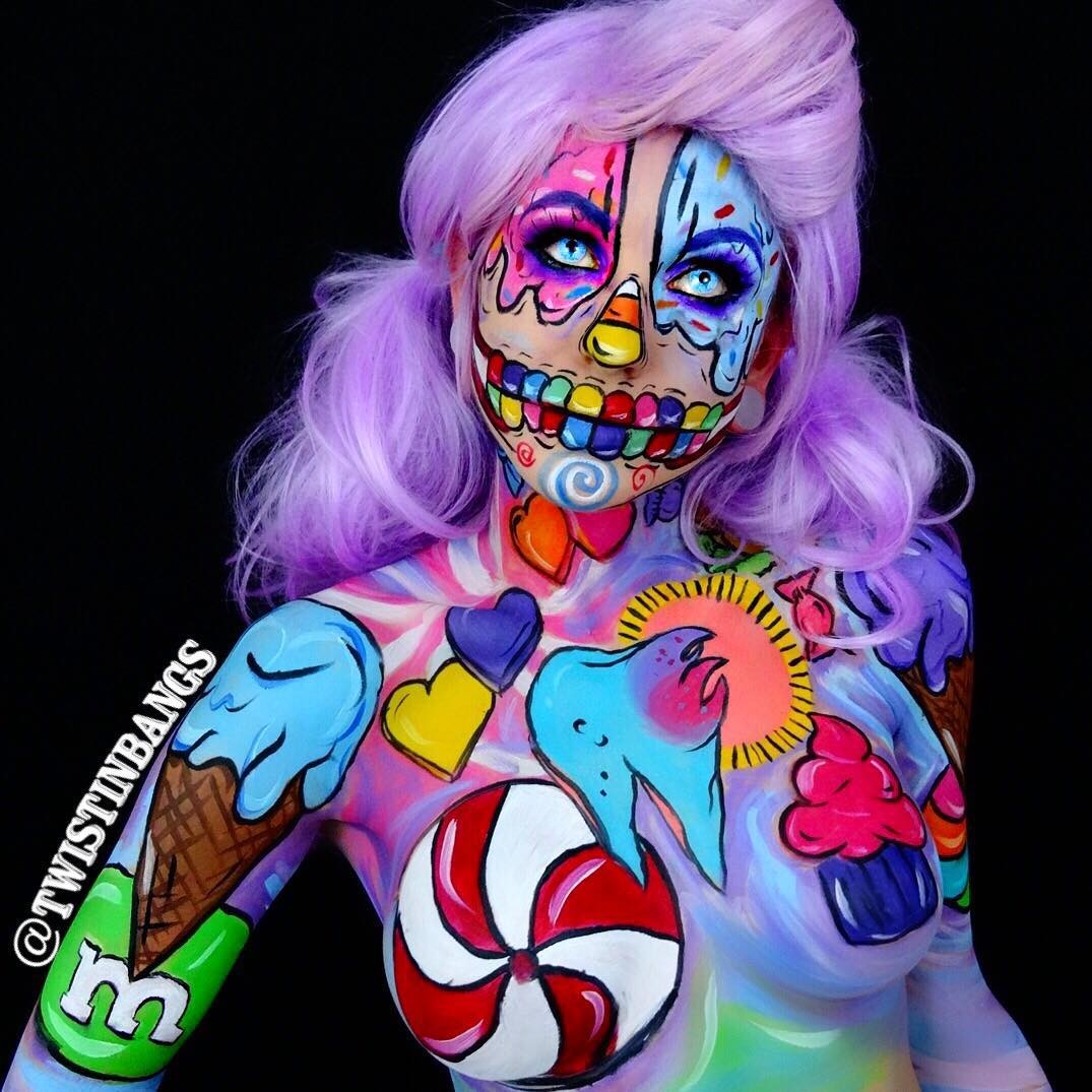 Can you imagine arriving at a party with a body paint of candies?