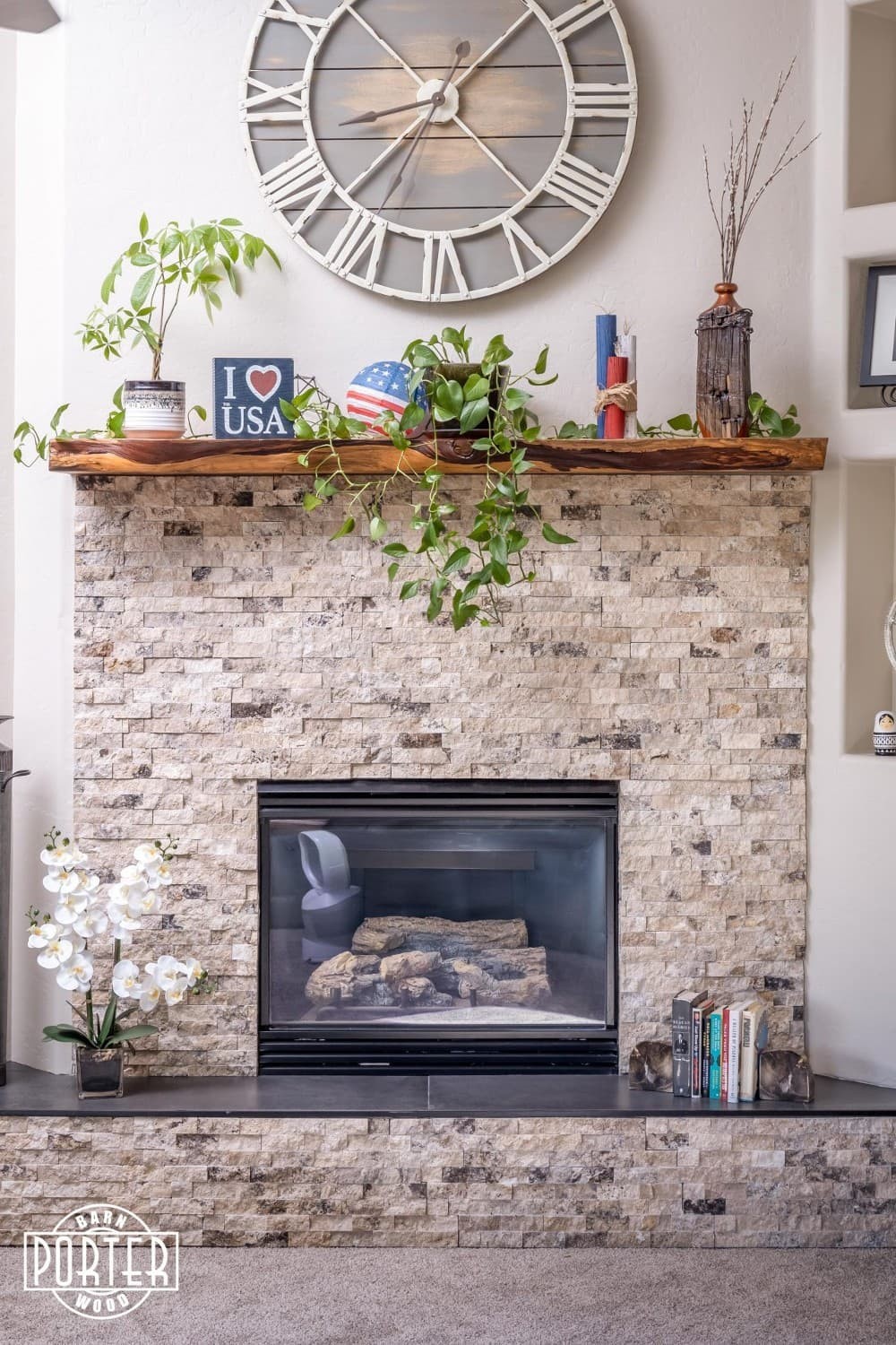 Stone fireplace mantel shelf ideas.