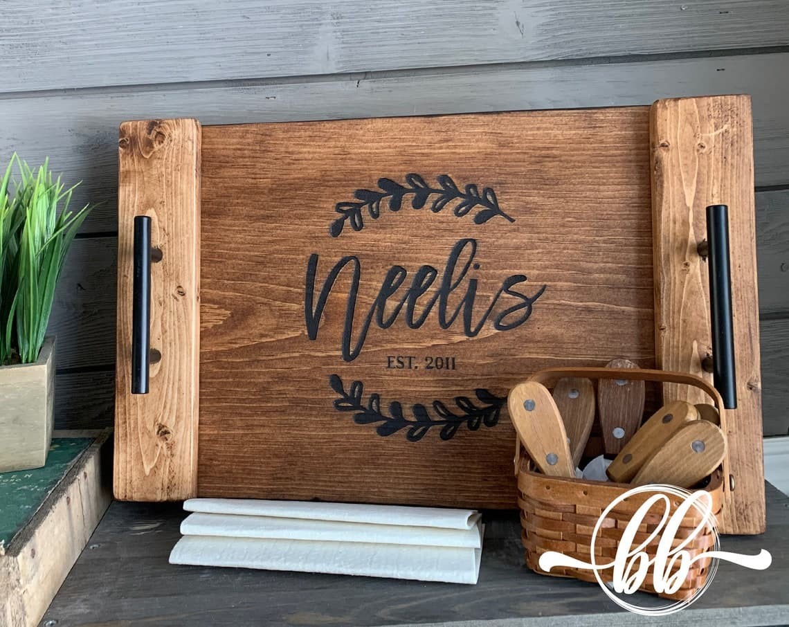 Laser-Engraved Rustic Charcuterie Tray with Mission Style Handles.