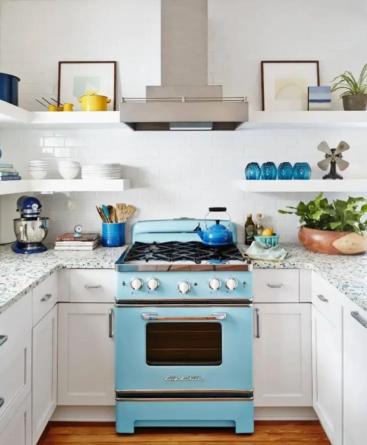 Light Blue Appliances + White Cabinets.