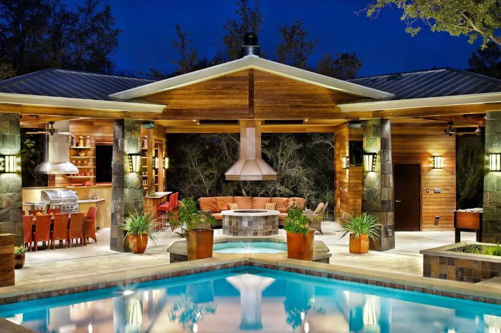 #23. Wooden Backyard Pavilion with a Brick Paver Patio