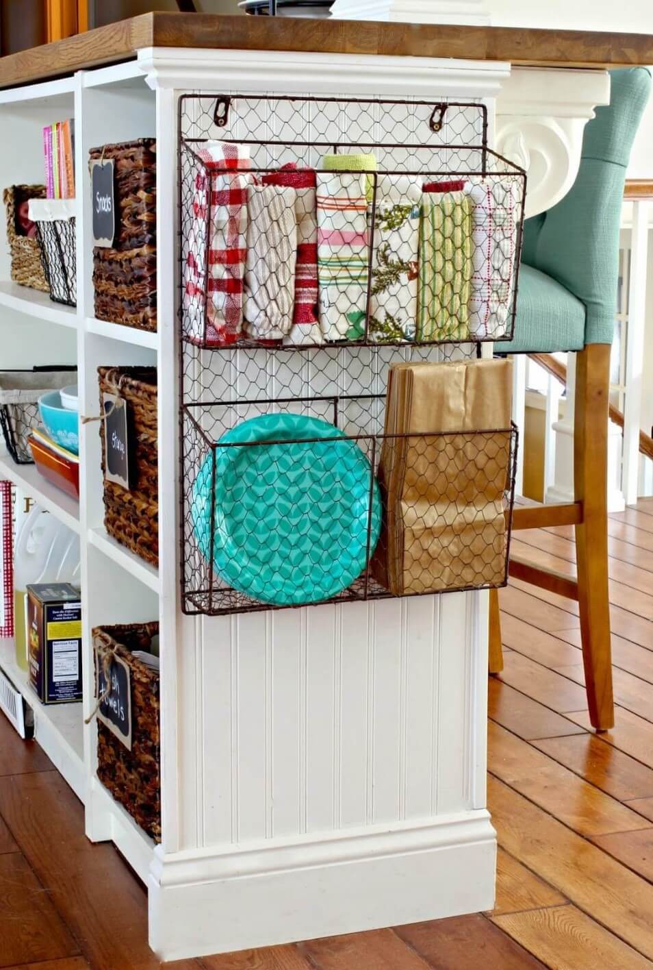 23). Wire baskets to store papers or lunch bags