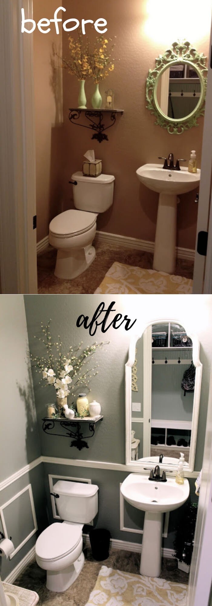 #3. Thrifty Bathroom Makeover with faux wainscoating