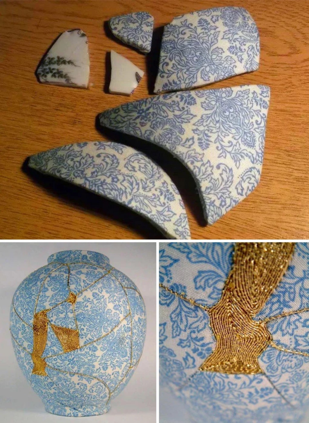 With golden thread, hides the cracks of porcelain objects