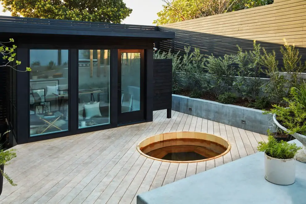 Modern background hot tub deck