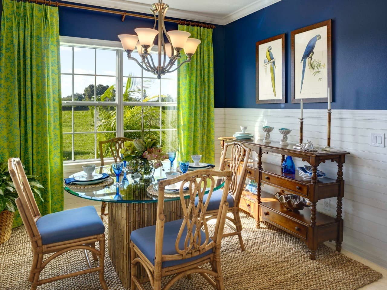 Navy blue walls and green curtains