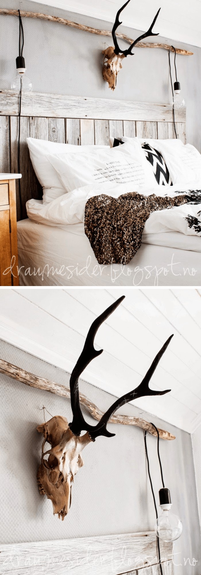 Headboard with deer skull and light bulbs