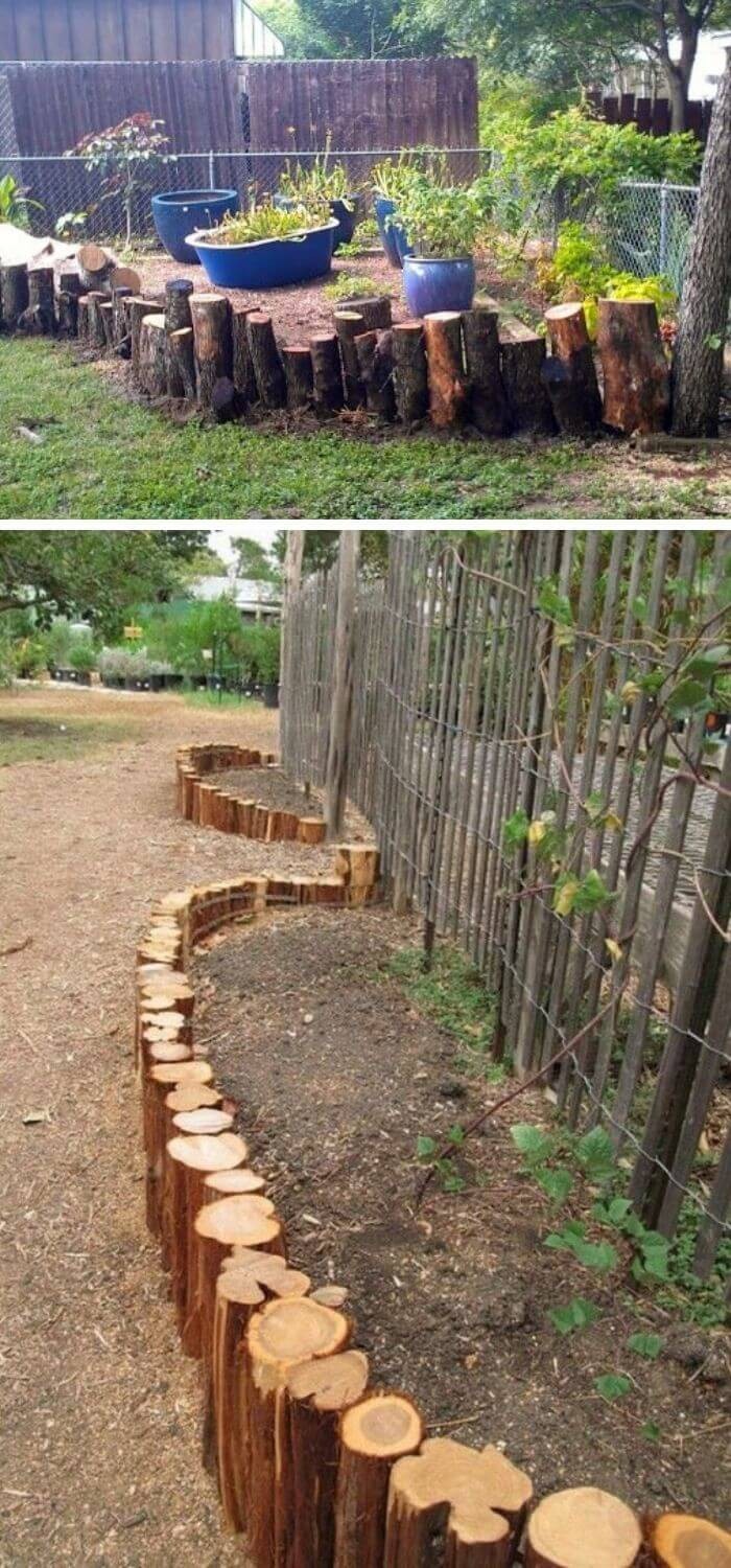 Wood log garden-edging