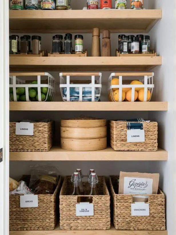 Wooden shelves and metal boxes