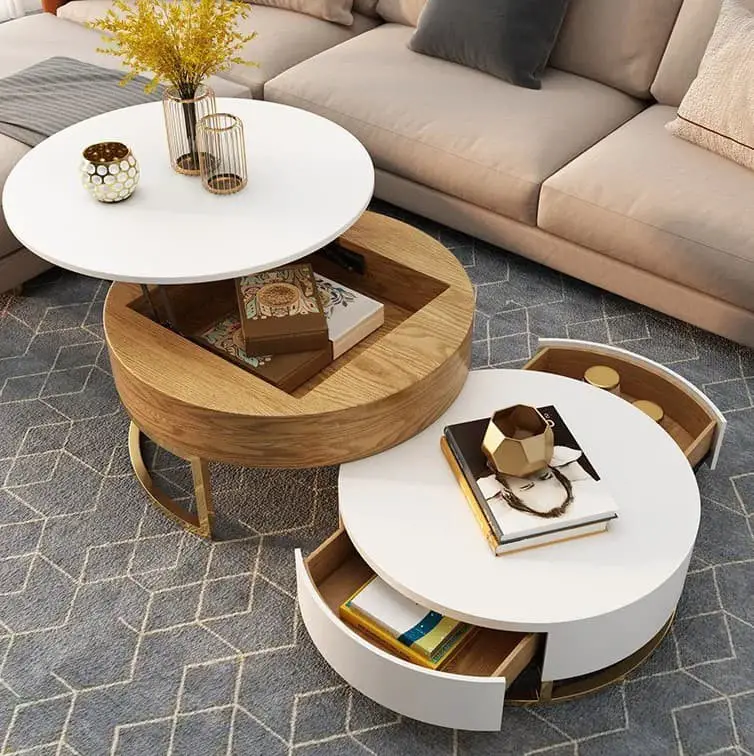 Lift-Top Circular Wooden Coffee Table with Moveable Drawer