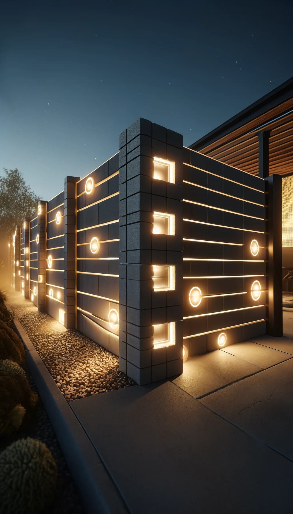 Cinder Block Fence with Lighting