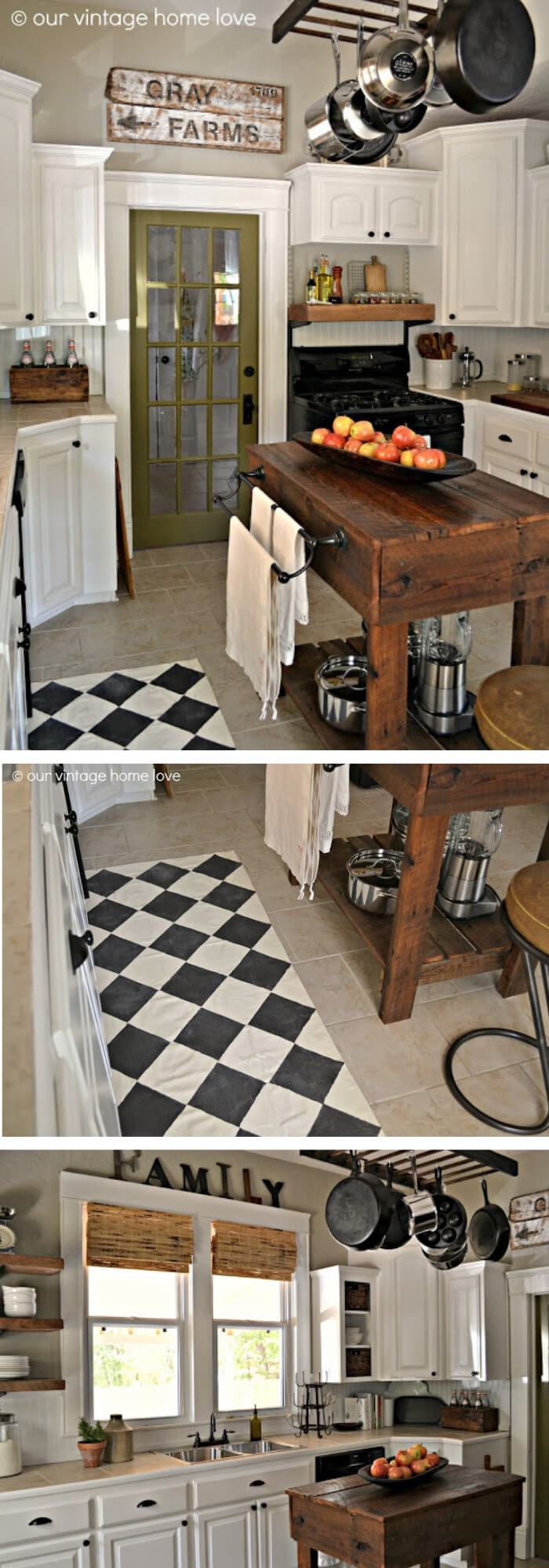 Dark wood Kitchen Island with a floor cloth in front of the sink