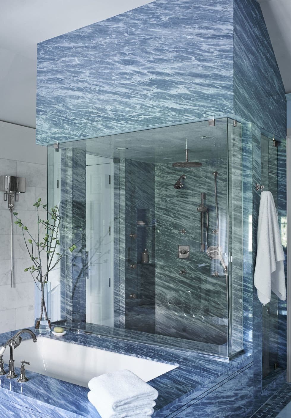 Blue marble shower area