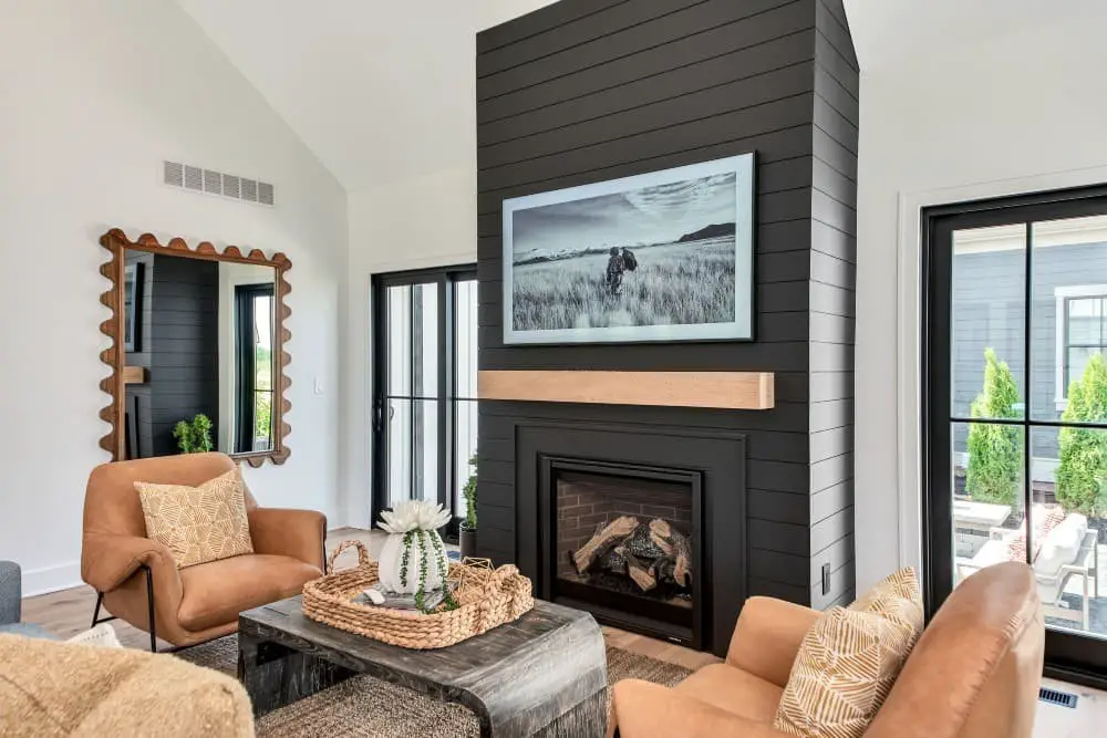 Living room accent wall ideas with fireplace.