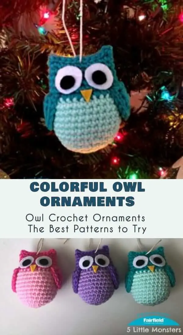 Colorful crocheted owl ornaments