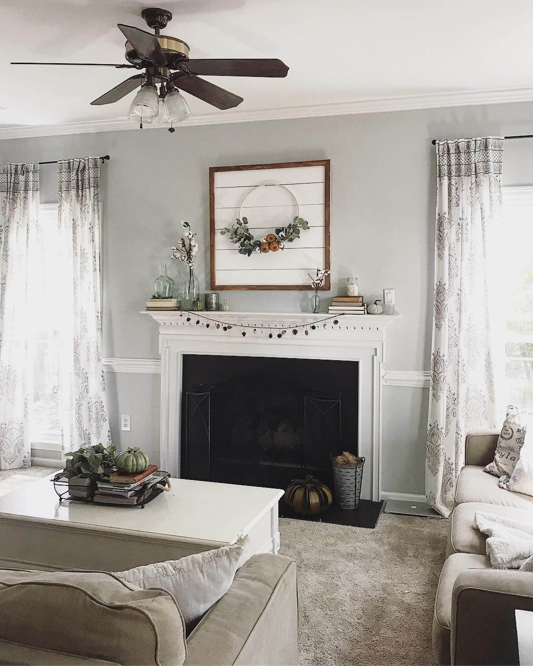 Curtains in farmhouse living room