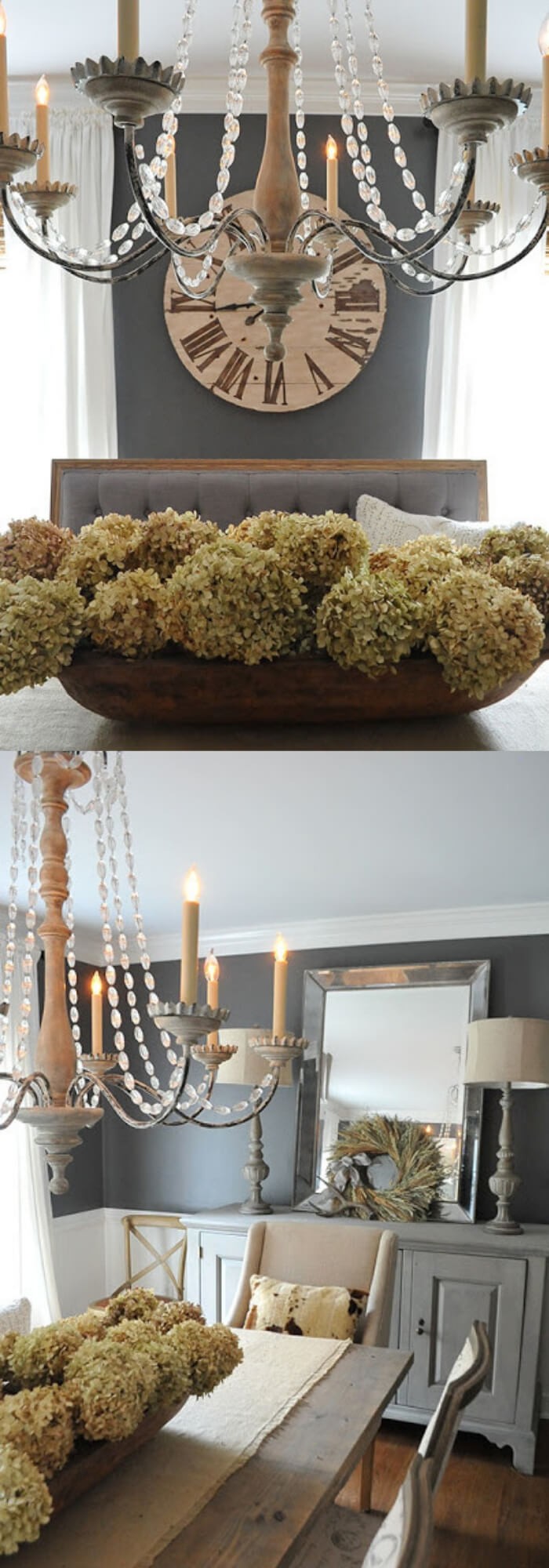 Dried hydrangeas into our antique dough bowl