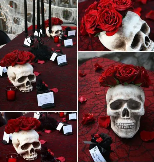 Skull centerpiece with cobweb table cloth