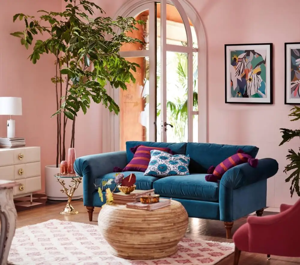 A pink and blue living room can be a great choice for a young family.