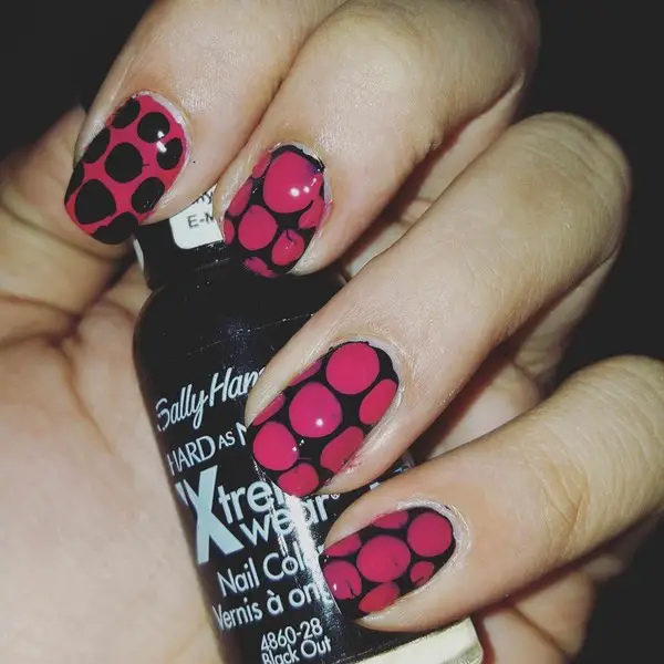 Pink and Black Polka Dots Nail Design