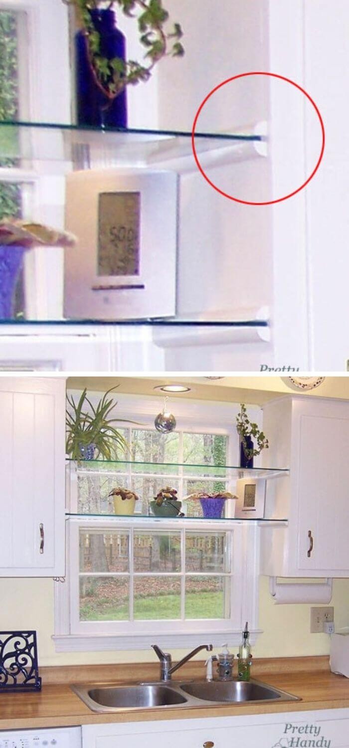 Utilize quarter-round molding to make glass shelving