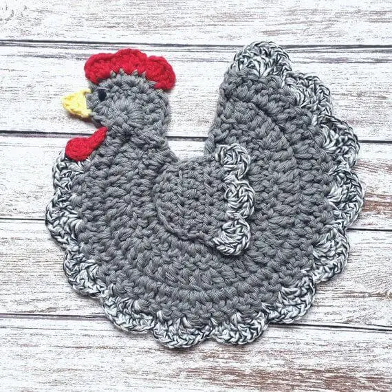 Crochet Gray Grey Chicken Pot Holder – Rooster Hot Pad – Farmhouse Kitchen Decor