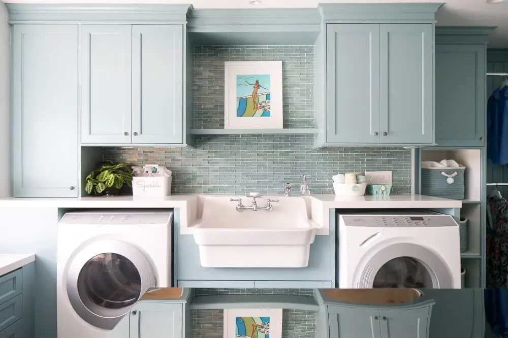 Laundry room ideas with sink between washer and dryer.