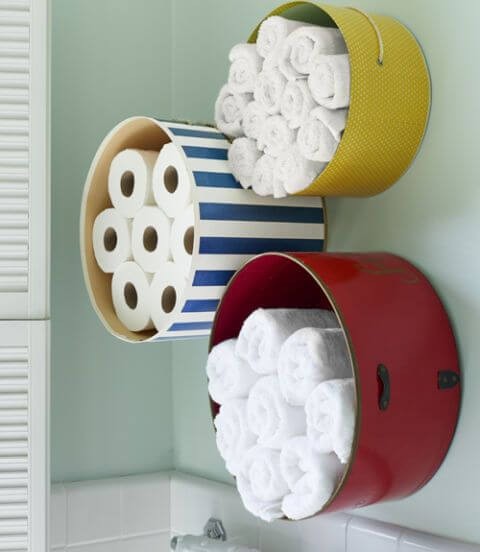 #8. Bathroom storage using hatboxes