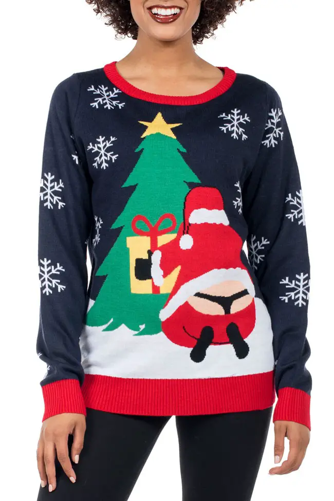 5- Navy blue sweater with white snowflakes and the Santa