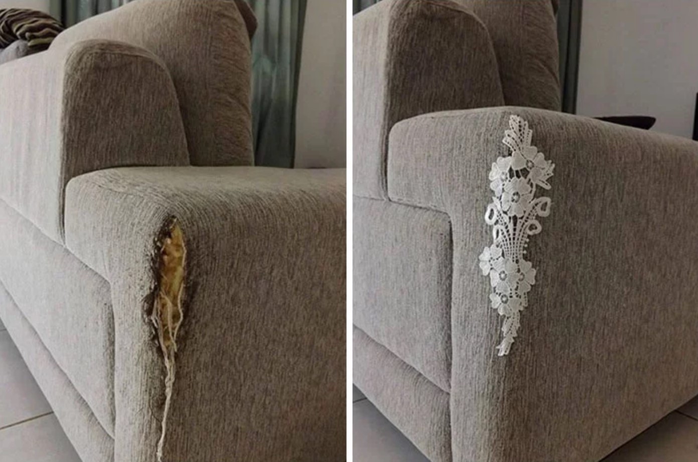 Hide the rips of your sofa with a bit of lace