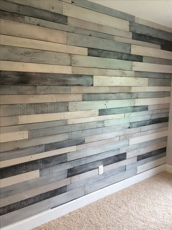 Pallet wood wall using Benjamin Moore Metallic paint -silver and charcoal