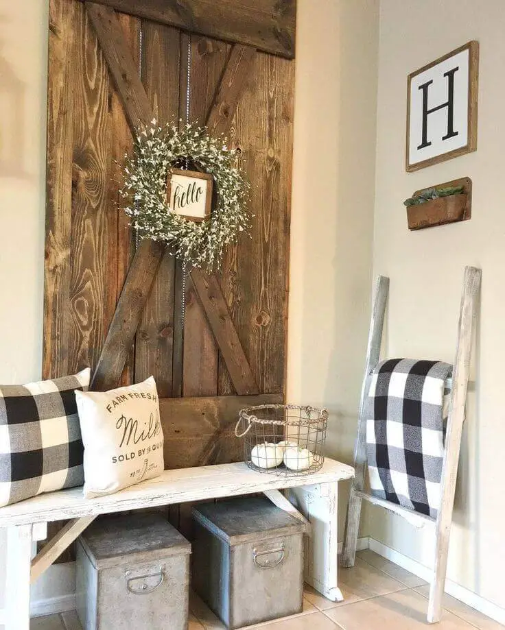 Whitewashed Wooden Bench and a Repurposed Bard Door