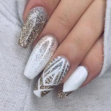 White Nails with Gold Glitter Design