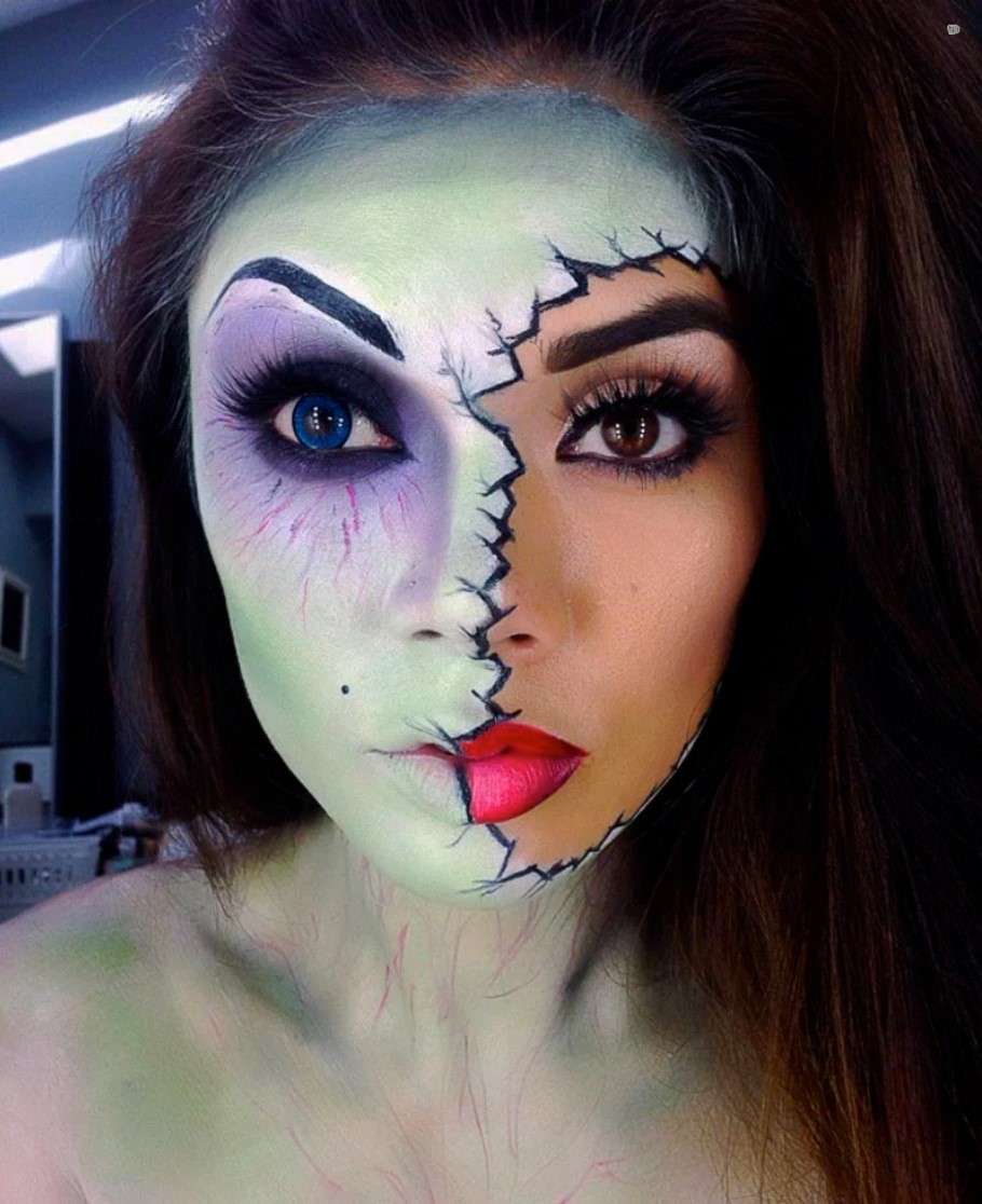 Girl with makeup for halloween with half of face painted