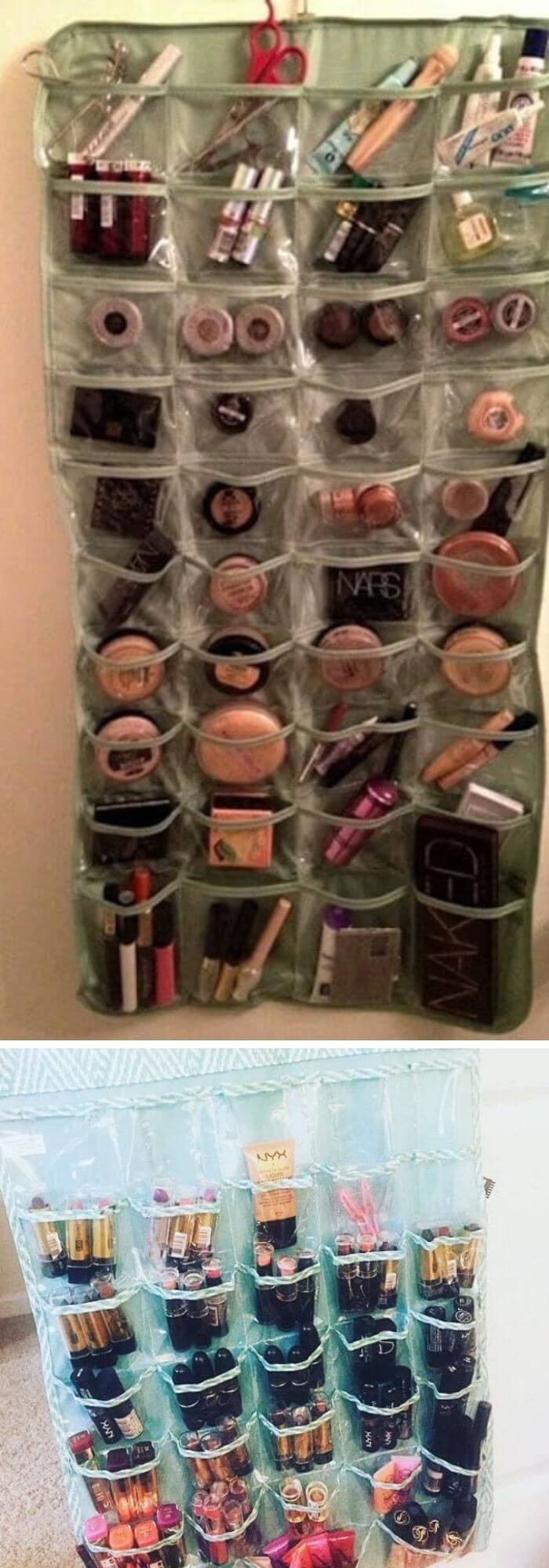 And hanging shoe organisers are a nice way to save your smaller makeup items.