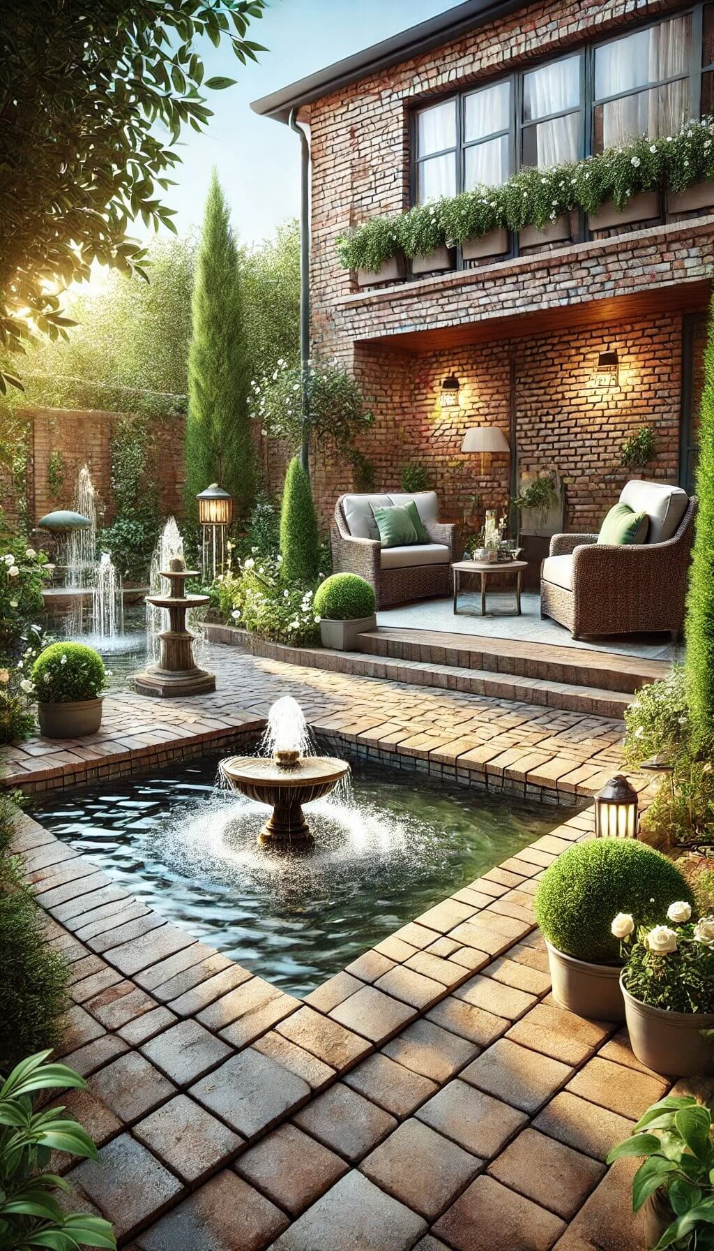 Brick Patio with Water Feature