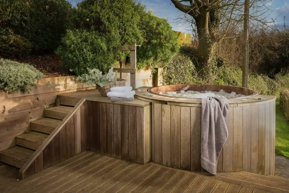 Round hot tub on a deck