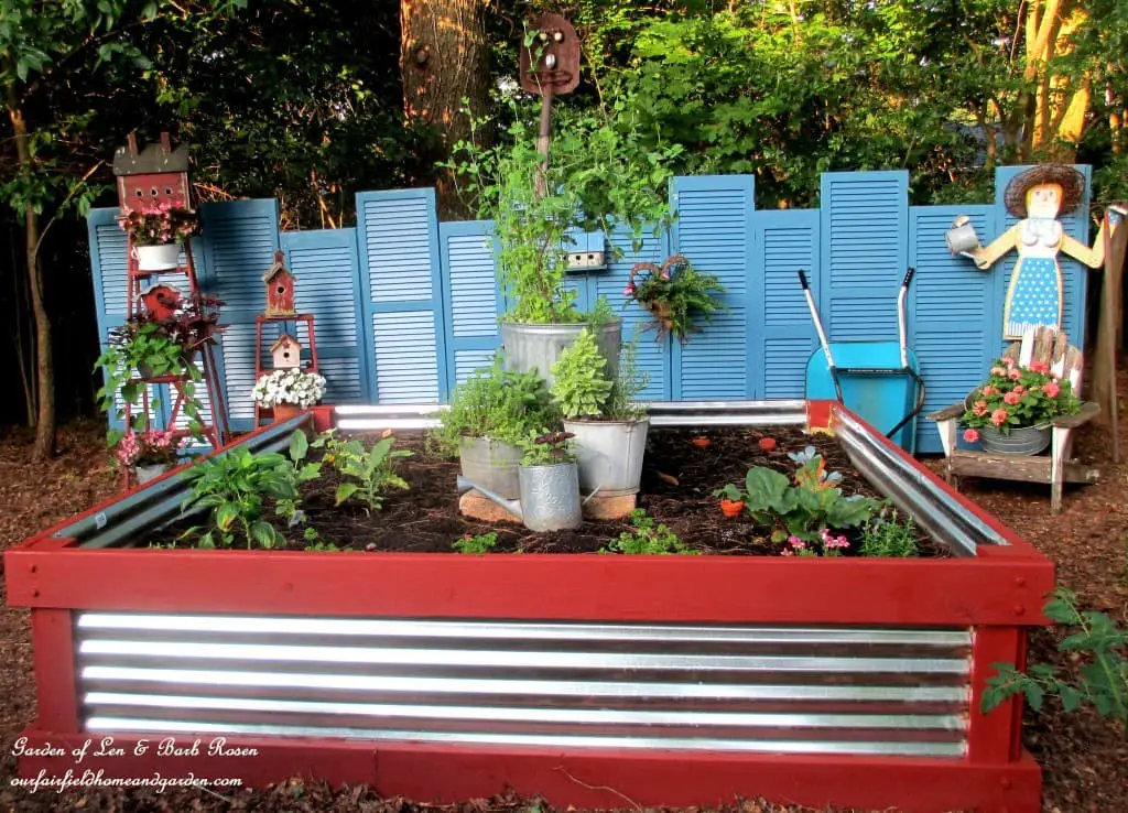 Wood and corrugated metal waist high raised planter