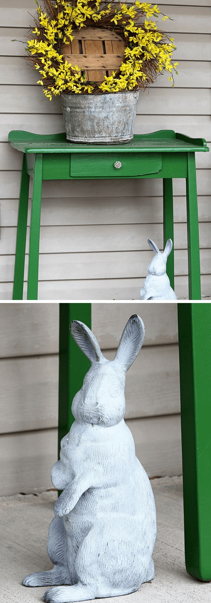 Porch decor with Mr. Bunny and forsythia wreath in a bucket