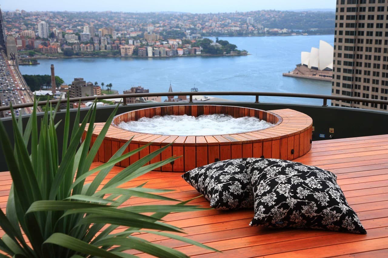 Round hot tub on a deck