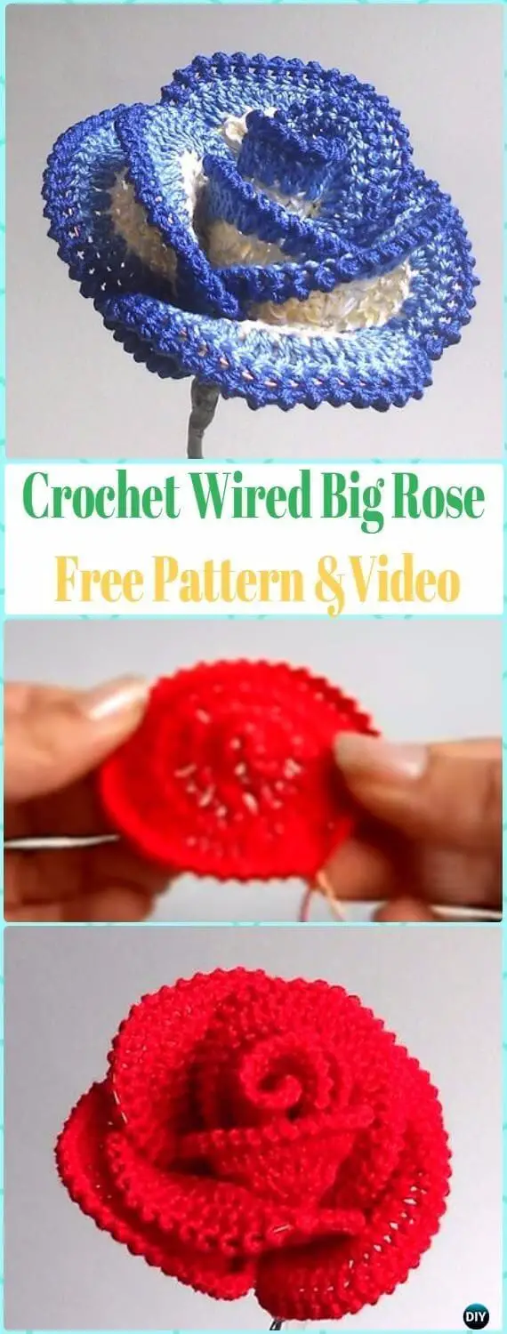 Crochet 3D Wired Big Rose  Free Pattern