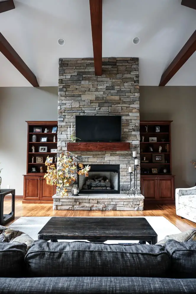 Farmhouse stone fireplace ideas.