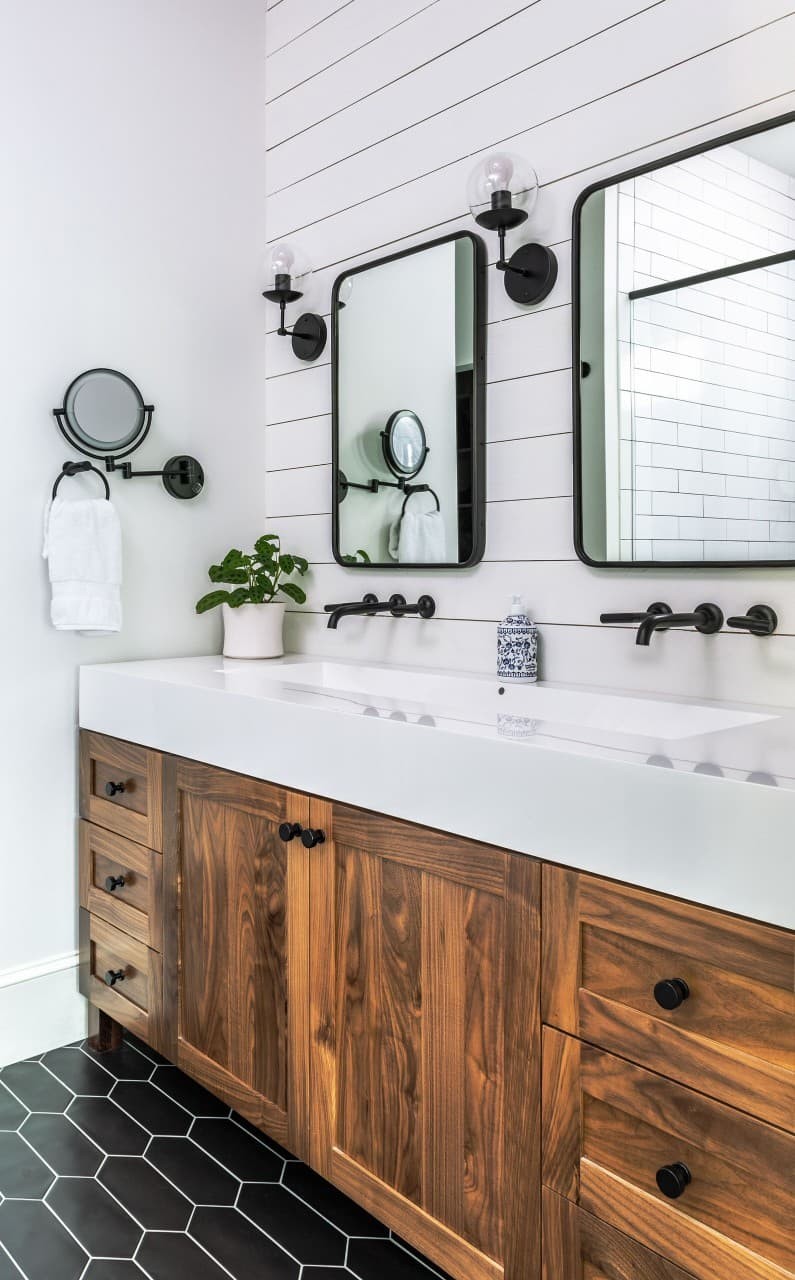 Shiplap accent wall ideas for bathroom.